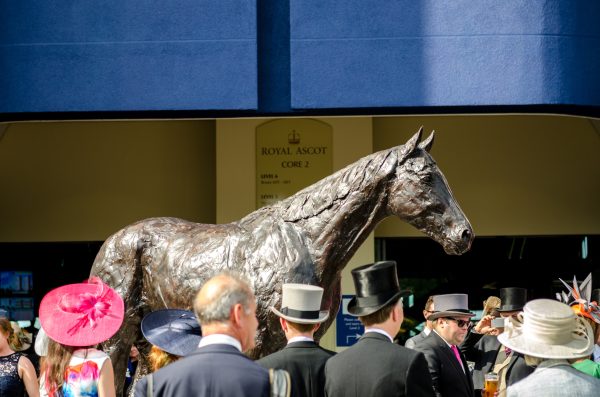 Ascot, UK - June 16 2015: Superhorse Frankel's statue, opened by Queen Elizabeth II on day one of Royal Ascot at Ascot racecourse
