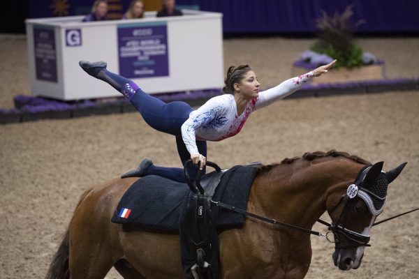 Manon MOUTINHO (FRA ) on SAITIRI at Mustang FEI Vaulting World Championship 2022. Female Individual - First Round.