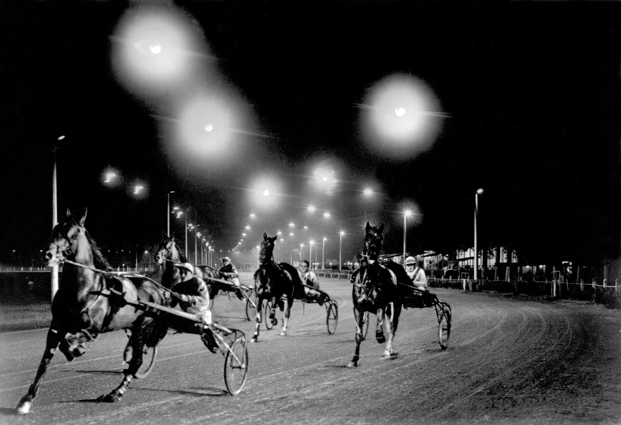 Foto storica in bianco e nero di corse notturne all'Ippodromo Snai Sesana