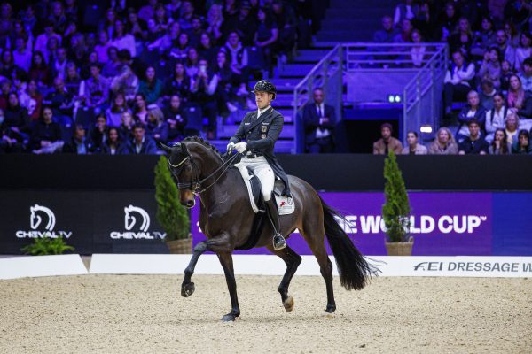 Frederic Wandres clinches the Freestyle GP in the Lyon World Cup 5 Frederic Wandres (GER) rides on Bluetooth Old winners at the FEI Dressage World Cup 202324 Lyon (FRA) Copyright ©FEI Leanjo de Koster