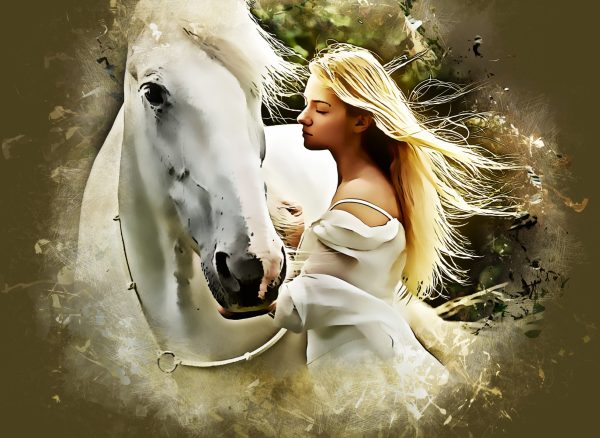 Illustrazione di ragazza con cavallo grigio per rappresentare la battaglia degli sport equestri per la parità di genere