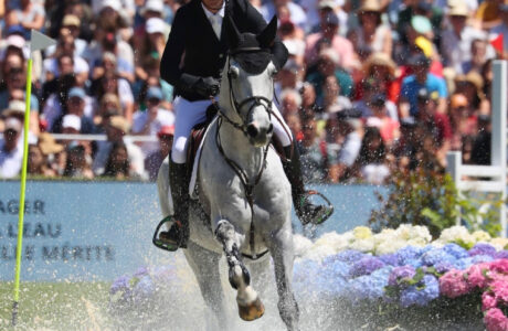 Cavallo grigio con cavaliere che attraversano l'acqua durante il Derby del Jumping de la Baule
