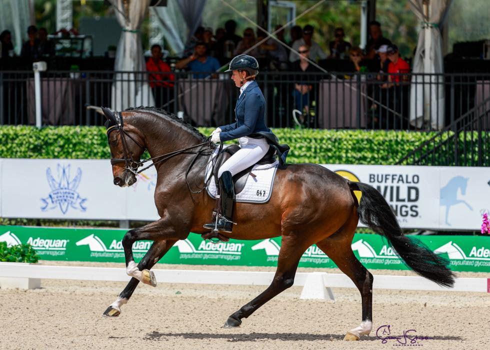 Tinne Vilhelmson Silfvén and Kane Stand Champions on Final Day of 2024 Adequan Global Dressage Festival 1 Tinne Vilhelmson Silfvén & Kane, winners of the Future Challenge Young Horse Prix St. Georges Final, sponsored by Buffalo Wild Wings. Photo © SusanJStickle.com