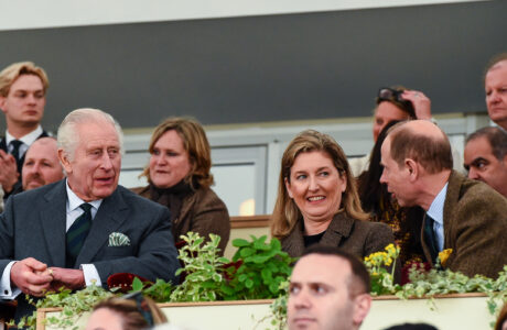HM King Charles III talking with Duke of Edinburgh and Jo Smith of DAKS at the Royal Windsor Horse Show In Partnership with Defender, held in the private grounds of Windsor Castle in Windsor in Berkshire in the UK between 1st - 5th May 2024