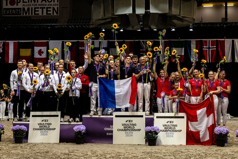 Campionati di Volteggio, Bern 2024: Europei Giovanili e Mondiali Senior 1 Gold Team France, silver Team Germany and bronze Team Switzerland Nations Team competition during FEI Vaulting Championships in Bern