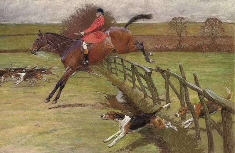 Equitazione di campagna: la storia della caccia alla volpe a cavallo 1 Cecil Aldin, RBA_1870-1935_Il maestro della caccia, Edward Preston Rawnsley, mentre salta una recinzione