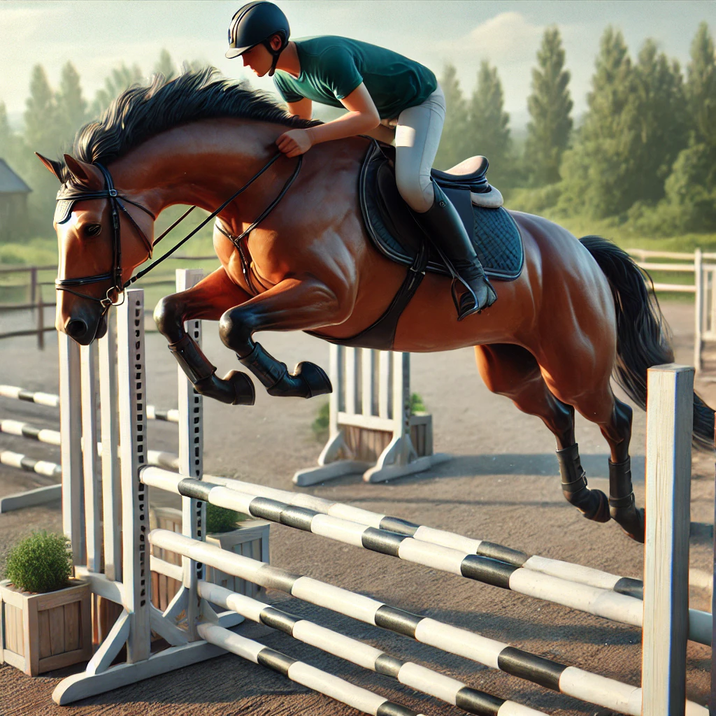 Superare le paure e migliorare la tecnica: l'equitazione in sicurezza 1 cavallo sul salto durante un allenamento di equitazione in sicurezza