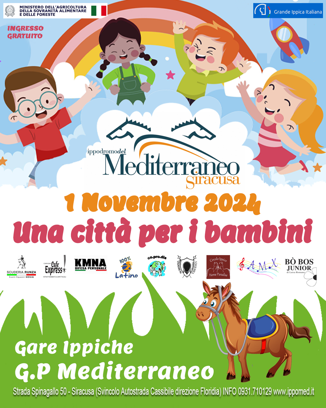 Ippodromo del Mediterraneo. L’ ippica ospita “Una città per i bambini” 1 Ippodromo del Mediterraneo di Siracusa una città per i bambini locandina