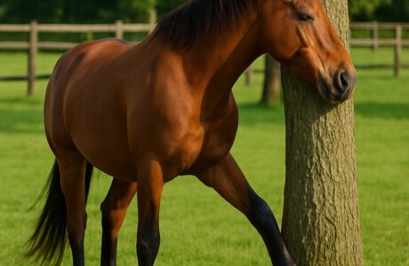 Cavallo che si gratta su un albero manifestando uno dei disturbi più comuni nei cavalli