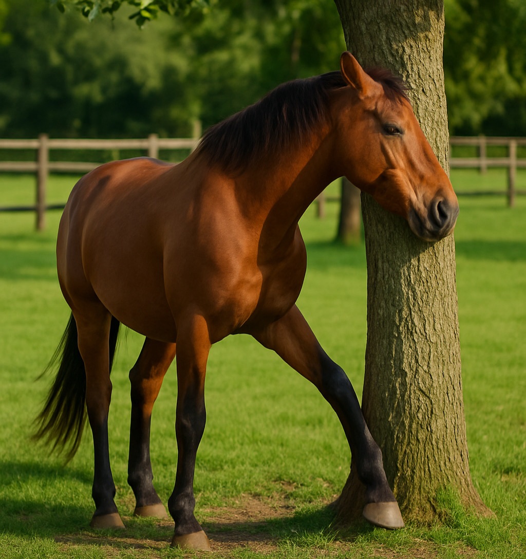 Cavallo che si gratta su un albero manifestando uno dei disturbi più comuni nei cavalli