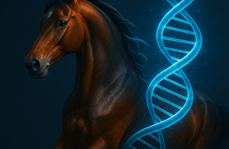 Cavallo ed elica del DNA immagine usata come simbolo del tema del genoma del cavallo