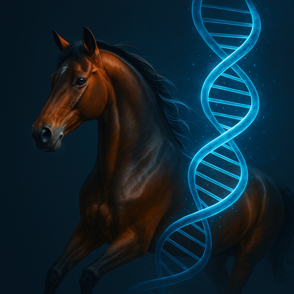 Cavallo ed elica del DNA immagine usata come simbolo del tema del genoma del cavallo