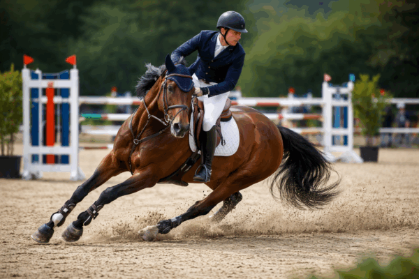 la girata di un cavallo e cavaliere in gara