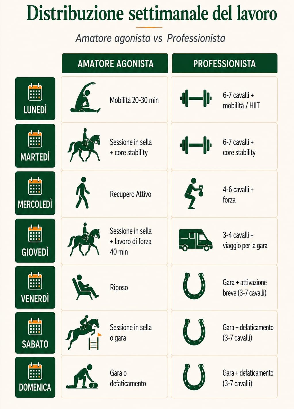 distribuzione settimanale del lavoro per preparazione fisica equestre