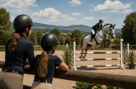 junior e adulto mentre guardano una gara e riflettono sulla loro preparazione fisica equestre