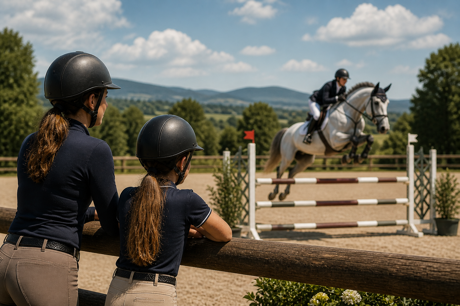 junior e adulto mentre guardano una gara e riflettono sulla loro preparazione fisica equestre