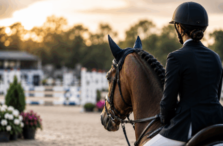 Cavaliere in un'arena al tramonto