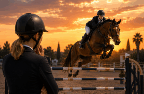 Salto al tramonto nell'arena equestre