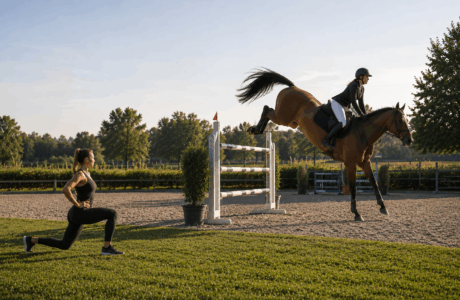 preparazione fisica del cavaliere: Cavallo in salto con esercizio in primo piano